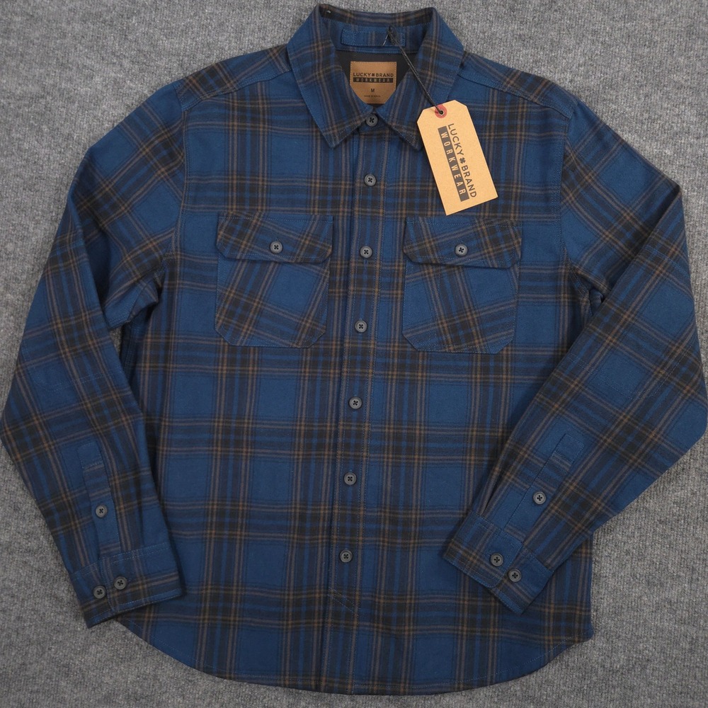 Lucky Brand Workwear Heavyweight Flannel Shirt Mens M Blue Plaid Performance NEW - Picture 2 of 9